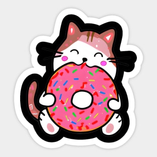 Funny Cat Eating a Donut, Kawaii Cat with Pink Donut Sticker